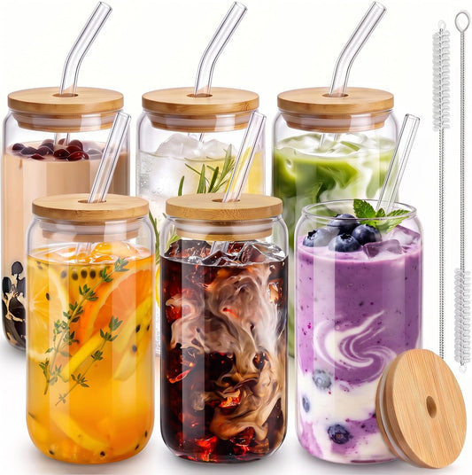 16 Oz Drinking Glasses - 6 Pcs Glass Cups with Bamboo Lids and Straws