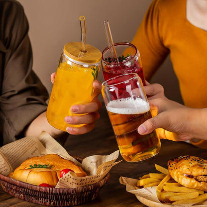 16 Oz Drinking Glasses - 6 Pcs Glass Cups with Bamboo Lids and Straws