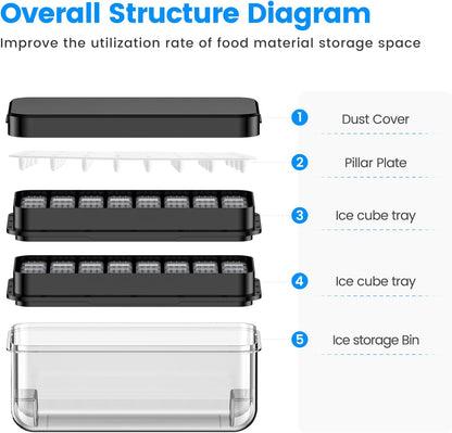 Ice Cube Tray with Lid and Bin, Easy Release 56 Cubes for Freezer