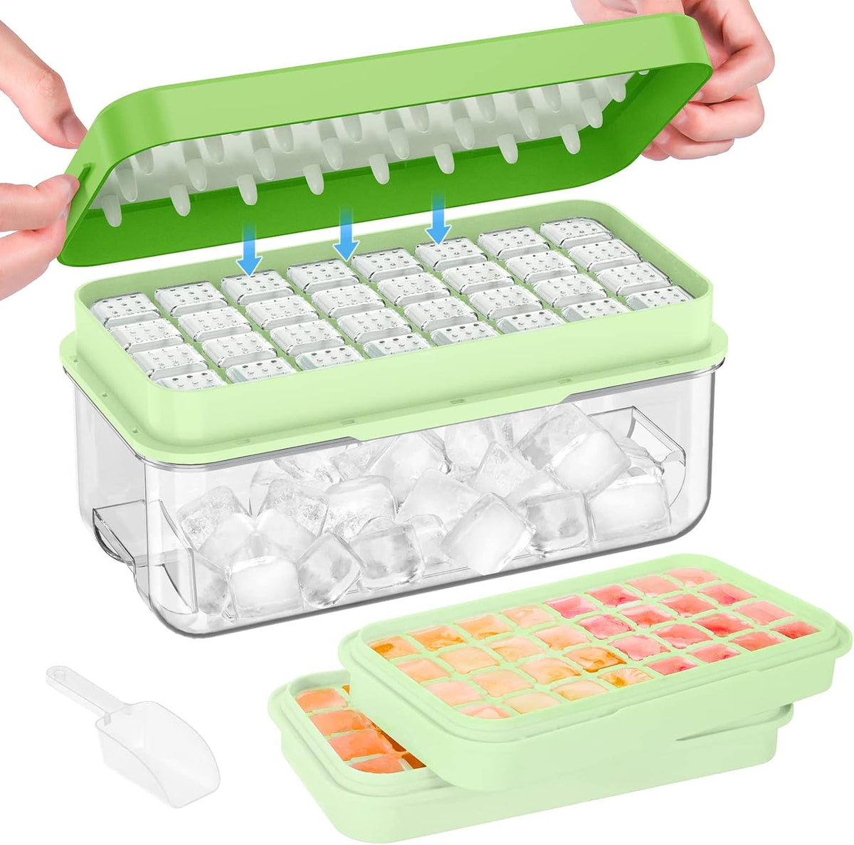 Ice Cube Tray with Lid and Bin, Easy Release 56 Cubes for Freezer