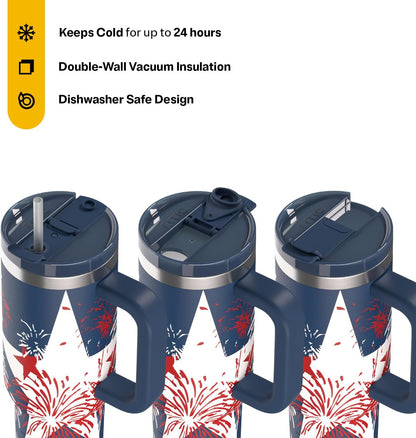 30 oz Road Trip Tumbler Double-Walled Insulated Stainless Steel Portable Travel Coffee Mug Cup with Lid, Handle and Straw, Midnight Dust Metallic - Colors A