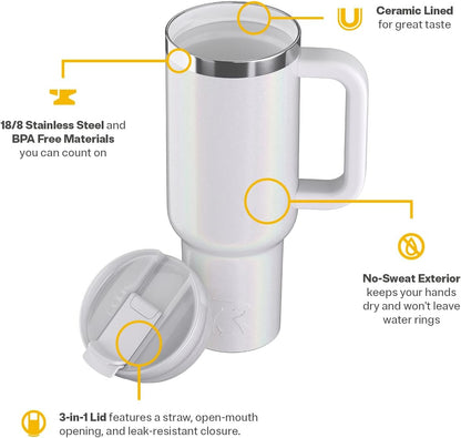 30 oz Road Trip Tumbler Double-Walled Insulated Stainless Steel Portable Travel Coffee Mug Cup with Lid, Handle and Straw, Midnight Dust Metallic - Colors A