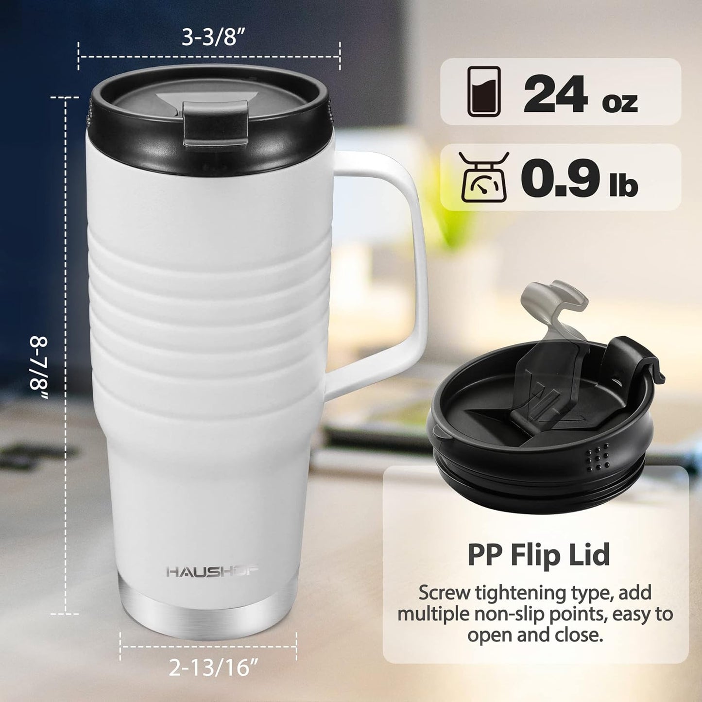 24 oz Travel Mug with Handle, Stainless Steel Vacuum Insulated Coffee, Double Wall Travel Mugs with Leakproof Lid, BPA Free