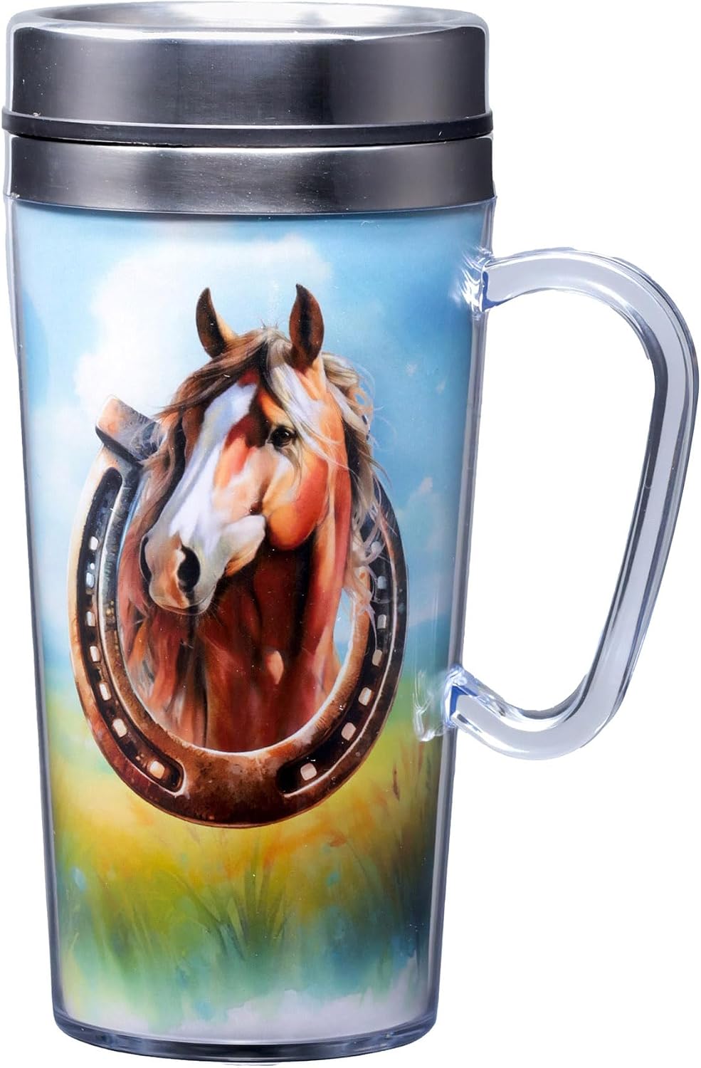Insulated Travel Mug, 14oz - Double Wall Stainless & Acrylic Drink Cup with Twist Top Lid & Handle - Horse