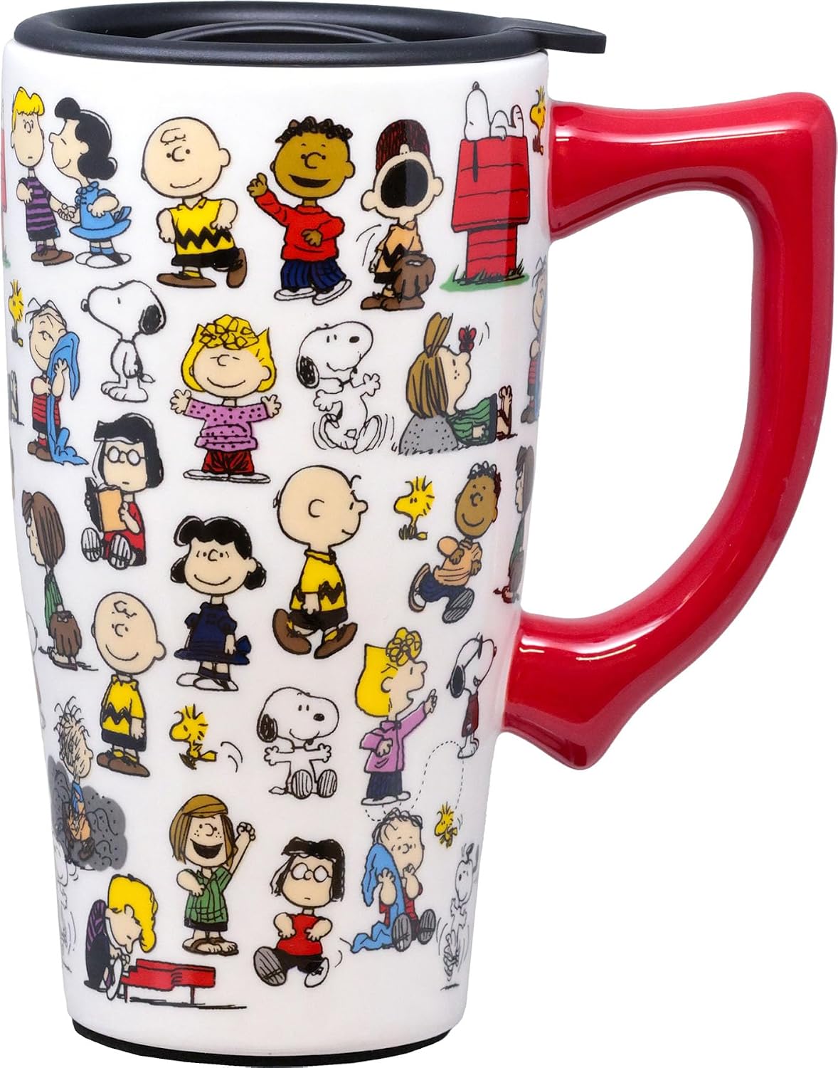 Snoopy Soccer Ceramic Travel Coffee Mug with Lid and Handle - Spill Proof Lid - Double Walled Mug for Hot and Cold Beverages - Microwave and Dishwasher Safe