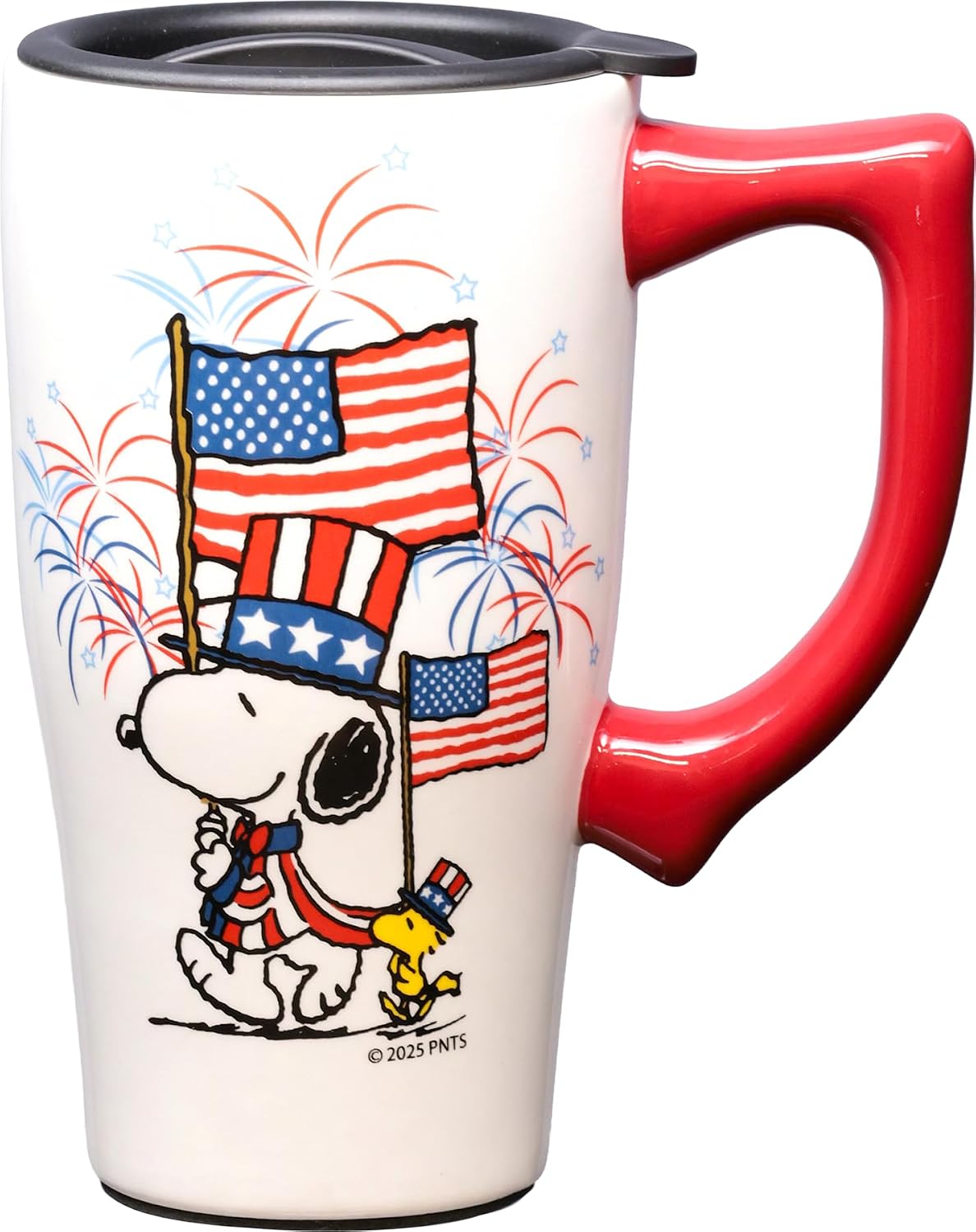 Snoopy Soccer Ceramic Travel Coffee Mug with Lid and Handle - Spill Proof Lid - Double Walled Mug for Hot and Cold Beverages - Microwave and Dishwasher Safe
