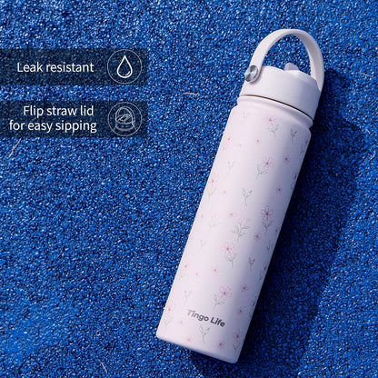 25oz Insulated Stainless Steel Aesthetic Cute Water Bottle - 2 Lids Included (Straw + Sport Handle), Leakproof BPA-Free, Dreamy Cream Cute Floral Design, Perfect Gym/Yoga/Office Companion