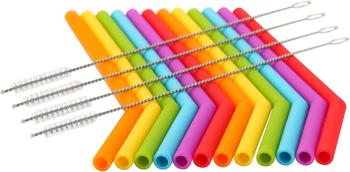 Reusable Silicone Straws for Toddlers & Kids - 12 pcs Flexible Short Drink 6.6" Straws for 6-10 oz Yeti/Rtic/Ozark Tumblers & 4 Cleaning Brushes - BPA free, no Rubber Tast