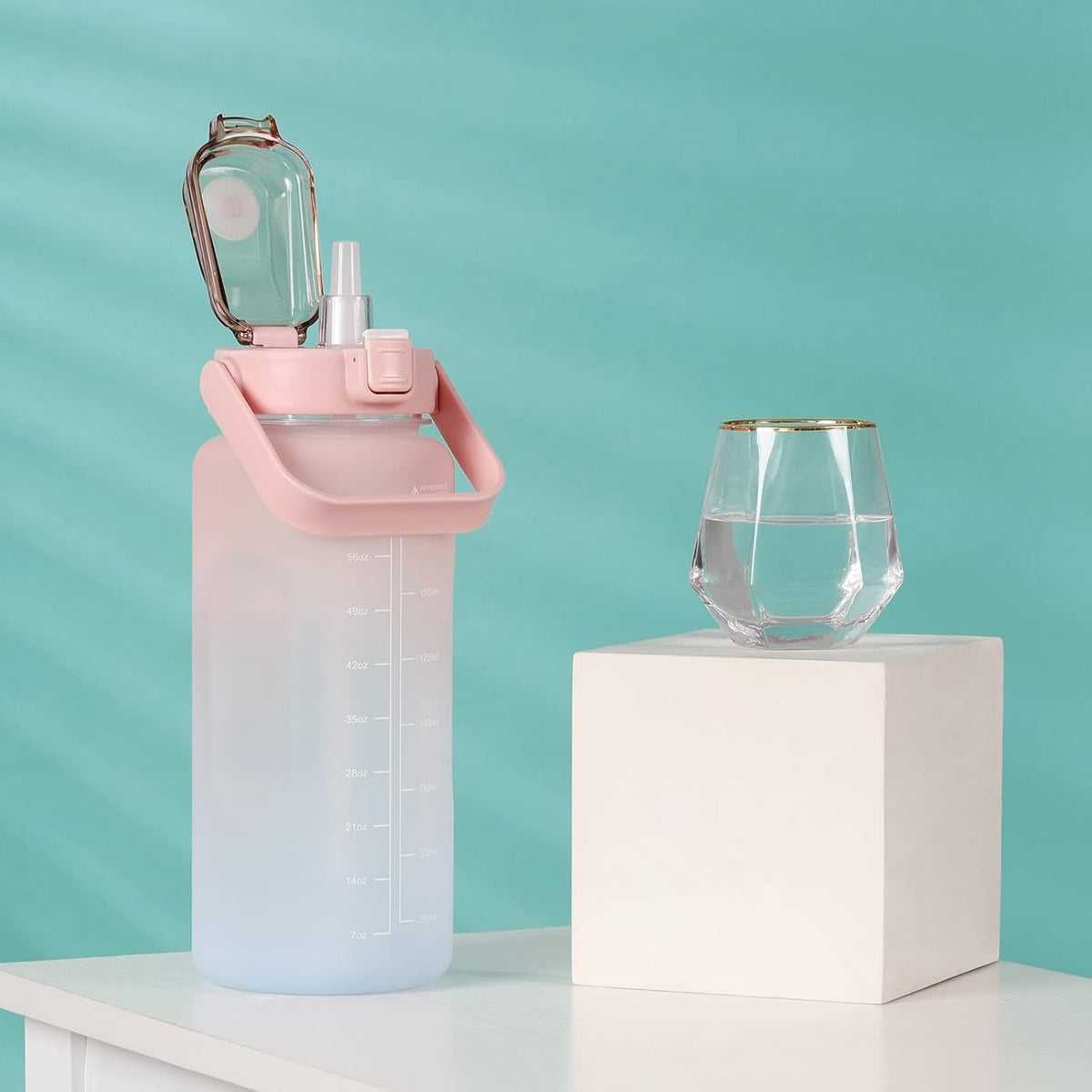 Large Motivational Water Bottle with Straw Time Marker BPA Free for Sport and Fitness (Pink Blue, 64 Oz / Half Gallon)