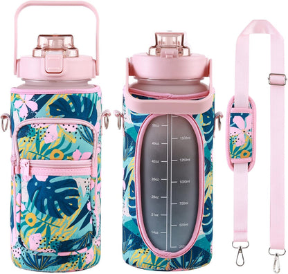 Large Motivational Water Bottle with Straw Time Marker BPA Free for Sport and Fitness (Pink Blue, 64 Oz / Half Gallon)