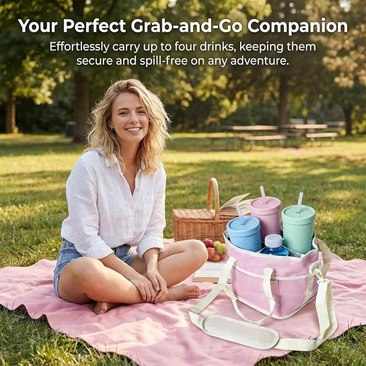 Family Size 4 Compartment Drink Bag, Hands-Free Drink Carrier Bag from Tipping Over, Compartment Portable Insulated Tote Bags for Moms & Iced Coffee Enthusiasts, Work, Beach