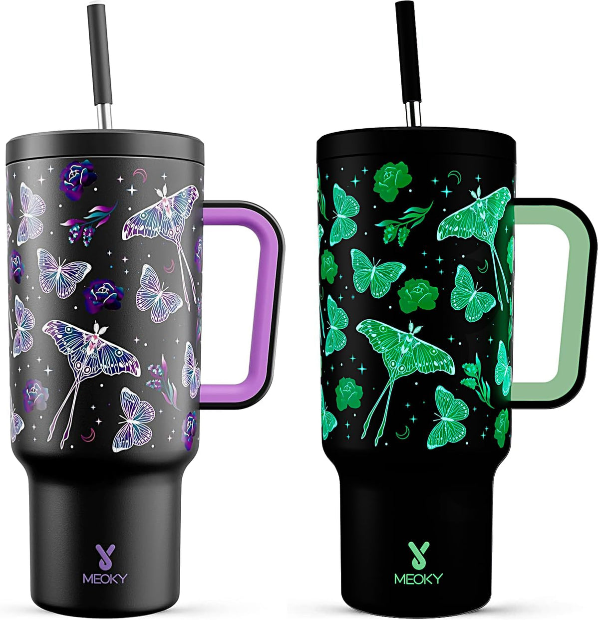 40 oz Tumbler with Handle and Straw: Stainless Steel Insulated Tumbler with Lid and Straw - 100% Leak Proof Tumbler for Car Cup Holders - Travelers Commuters Workers, Donut - Colors B