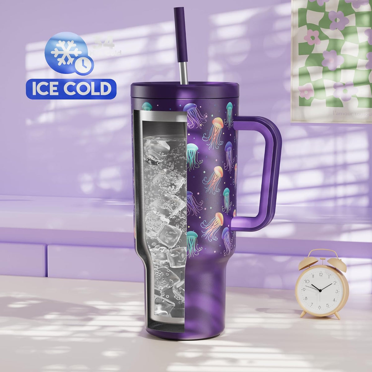 40 oz Tumbler with Handle and Straw: Stainless Steel Insulated Tumbler with Lid and Straw - 100% Leak Proof Tumbler for Car Cup Holders - Travelers Commuters Workers, Donut - Colors B