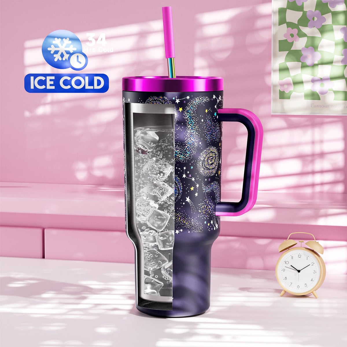 40 oz Tumbler with Handle and Straw: Stainless Steel Insulated Tumbler with Lid and Straw - 100% Leak Proof Tumbler for Car Cup Holders - Travelers Commuters Workers, Donut - Colors B