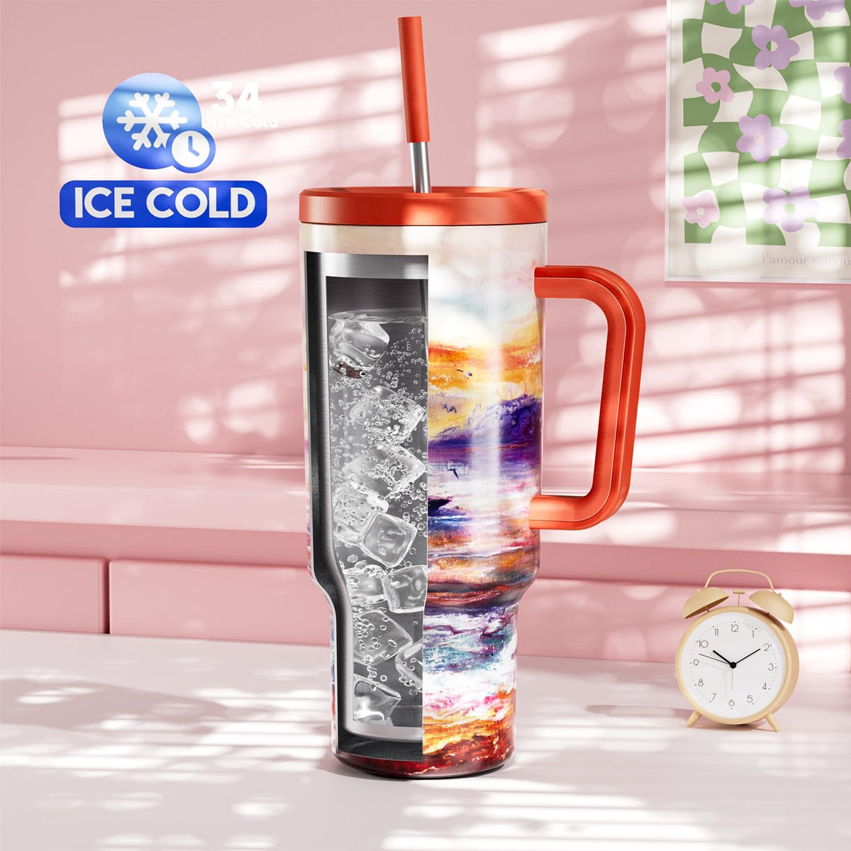 40 oz Tumbler with Handle and Straw: Stainless Steel Insulated Tumbler with Lid and Straw - 100% Leak Proof Tumbler for Car Cup Holders - Travelers Commuters Workers, Donut - Colors B