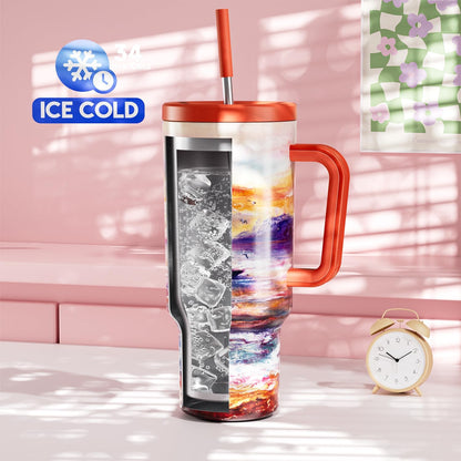 40 oz Tumbler with Handle and Straw: Stainless Steel Insulated Tumbler with Lid and Straw - 100% Leak Proof Tumbler for Car Cup Holders - Travelers Commuters Workers, Donut - Colors B