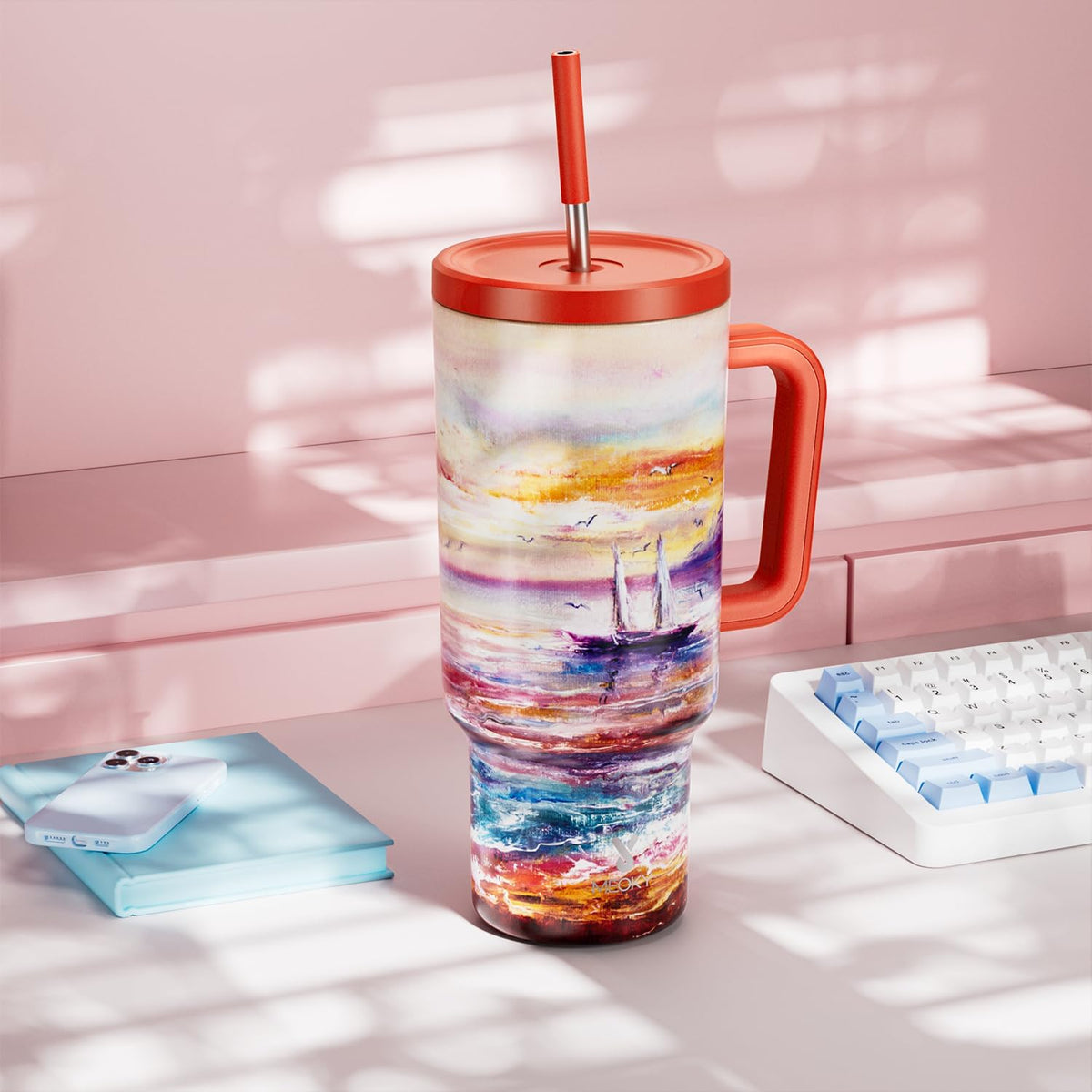 40 oz Tumbler with Handle and Straw: Stainless Steel Insulated Tumbler with Lid and Straw - 100% Leak Proof Tumbler for Car Cup Holders - Travelers Commuters Workers, Donut - Colors B