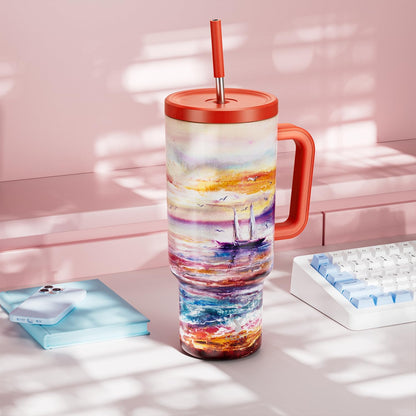 40 oz Tumbler with Handle and Straw: Stainless Steel Insulated Tumbler with Lid and Straw - 100% Leak Proof Tumbler for Car Cup Holders - Travelers Commuters Workers, Donut - Colors B