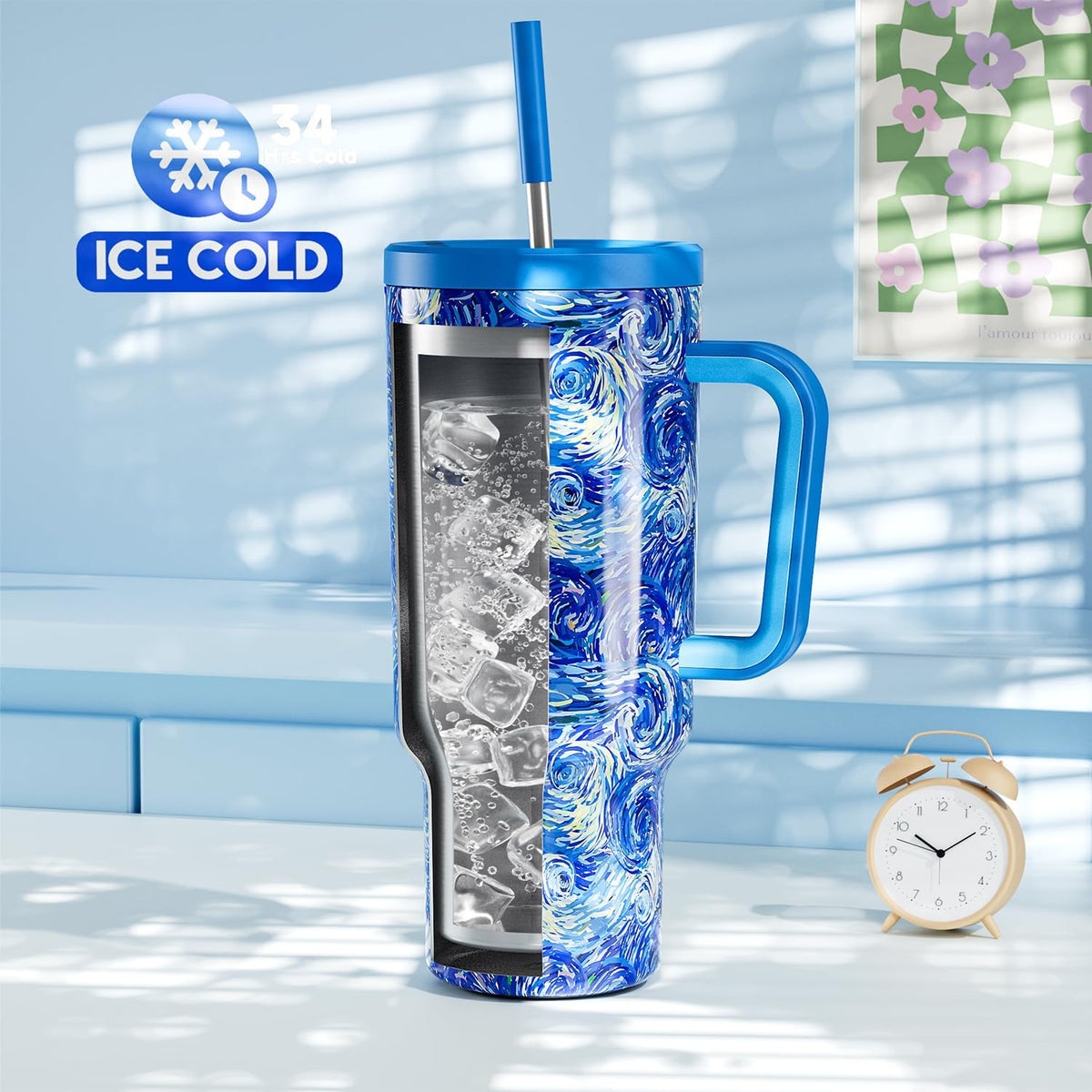 40 oz Tumbler with Handle and Straw: Stainless Steel Insulated Tumbler with Lid and Straw - 100% Leak Proof Tumbler for Car Cup Holders - Travelers Commuters Workers, Donut - Colors B