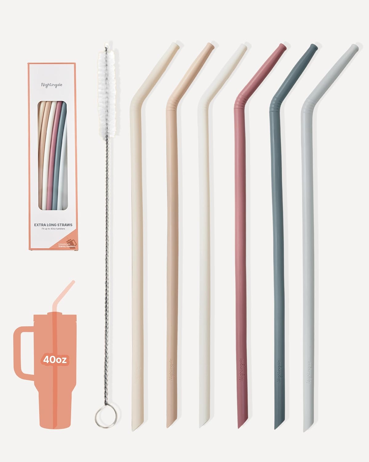 14” Silicone Tumbler Straws - Compatible with Stanley 40 oz cup - Reusable Flexible Long Bendy Drinking Straw with Cleaning Brush for Tall Tumblers - Food-Safe - Set of 6 Oak