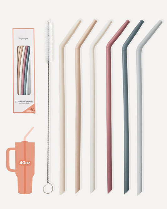 14” Silicone Tumbler Straws - Compatible with Stanley 40 oz cup - Reusable Flexible Long Bendy Drinking Straw with Cleaning Brush for Tall Tumblers - Food-Safe - Set of 6 Oak
