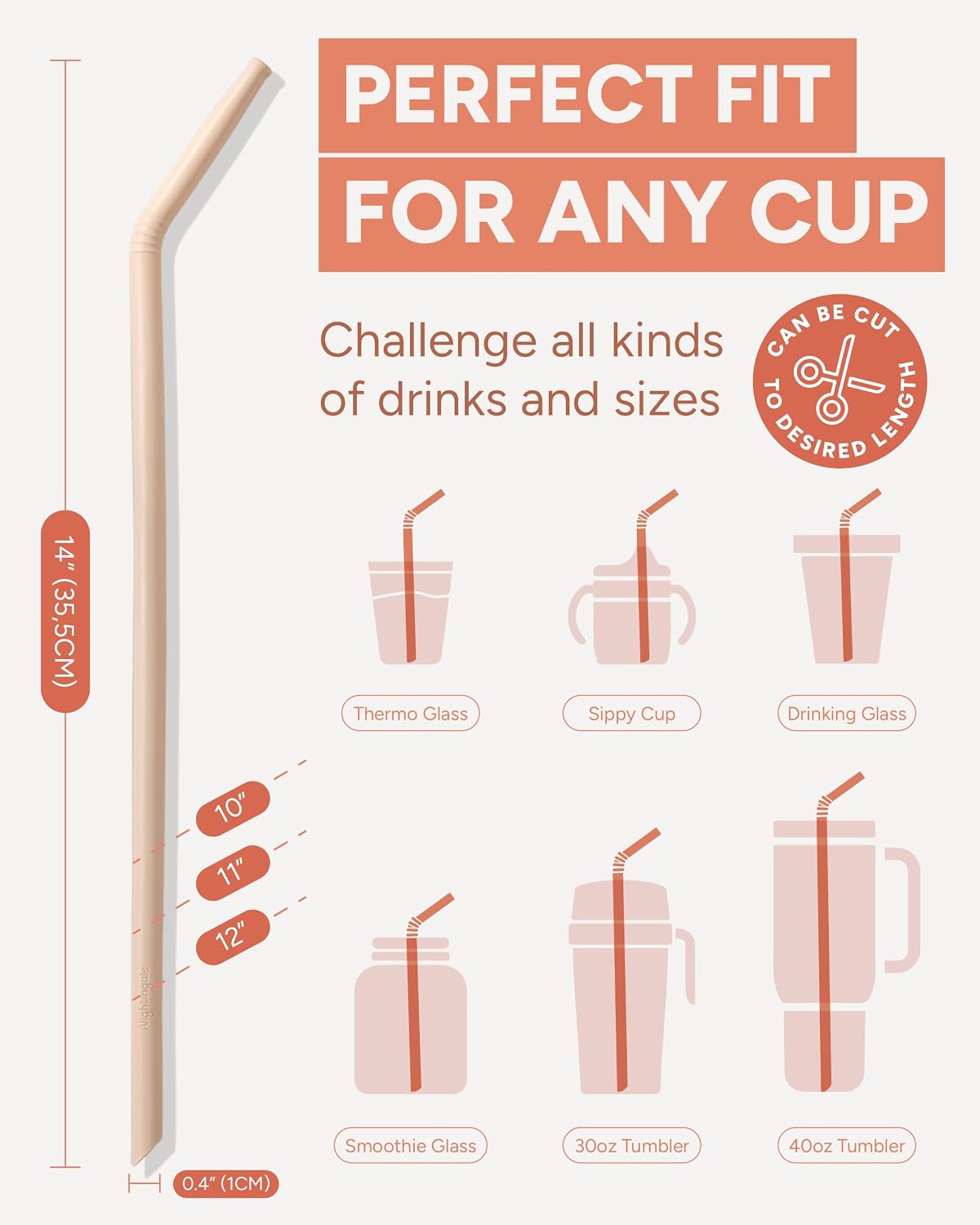 14” Silicone Tumbler Straws - Compatible with Stanley 40 oz cup - Reusable Flexible Long Bendy Drinking Straw with Cleaning Brush for Tall Tumblers - Food-Safe - Set of 6 Oak