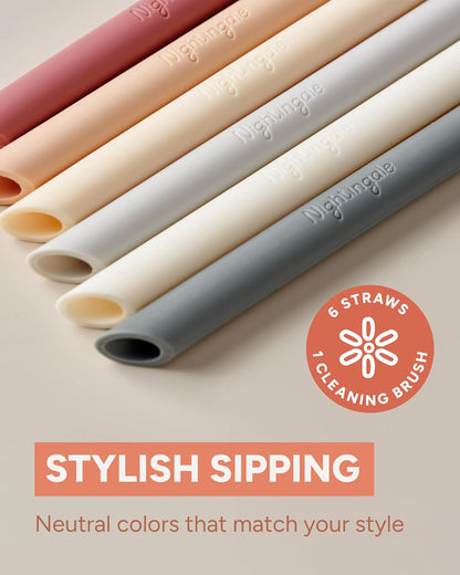 14” Silicone Tumbler Straws - Compatible with Stanley 40 oz cup - Reusable Flexible Long Bendy Drinking Straw with Cleaning Brush for Tall Tumblers - Food-Safe - Set of 6 Oak
