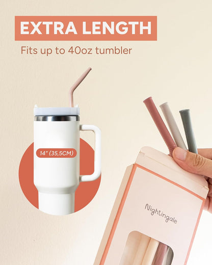 14” Silicone Tumbler Straws - Compatible with Stanley 40 oz cup - Reusable Flexible Long Bendy Drinking Straw with Cleaning Brush for Tall Tumblers - Food-Safe - Set of 6 Oak