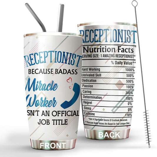Office Tumbler Stainless Steel 20oz Straw Lid, Funny Front Desk Gifts Bulk For Birthday Christmas, National Receptionists Day Gifts For Women Men Coffee Cup