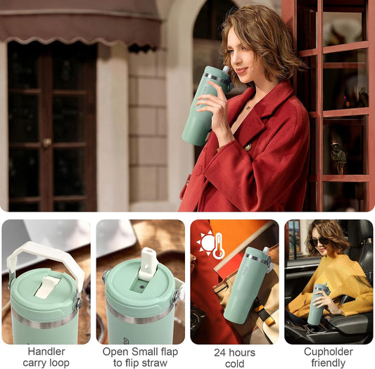 30 oz Tumbler with Flip Straw - Vacuum Insulated Stainless Steel Water Bottle for Home, Office or Car - Reusable Cup with Straw Leakproof Flip, Cold up to 24h, Mint