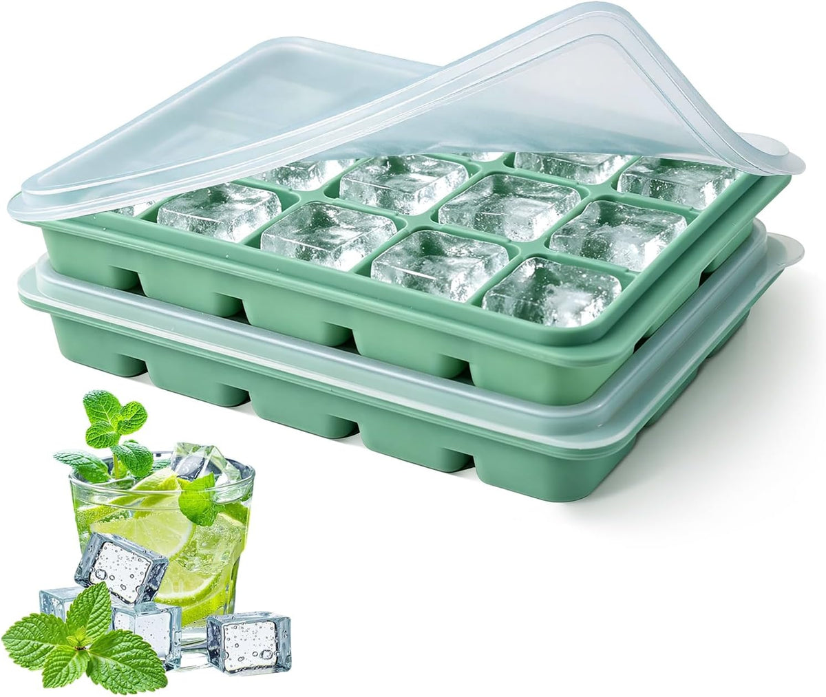 Ice Cube Trays Set of 2, 15-Cube Silicone Molds with Removable Lids