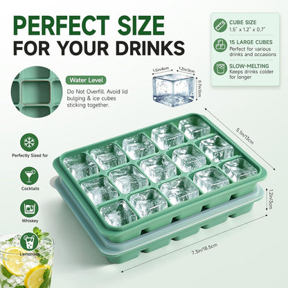 Ice Cube Trays Set of 2, 15-Cube Silicone Molds with Removable Lids