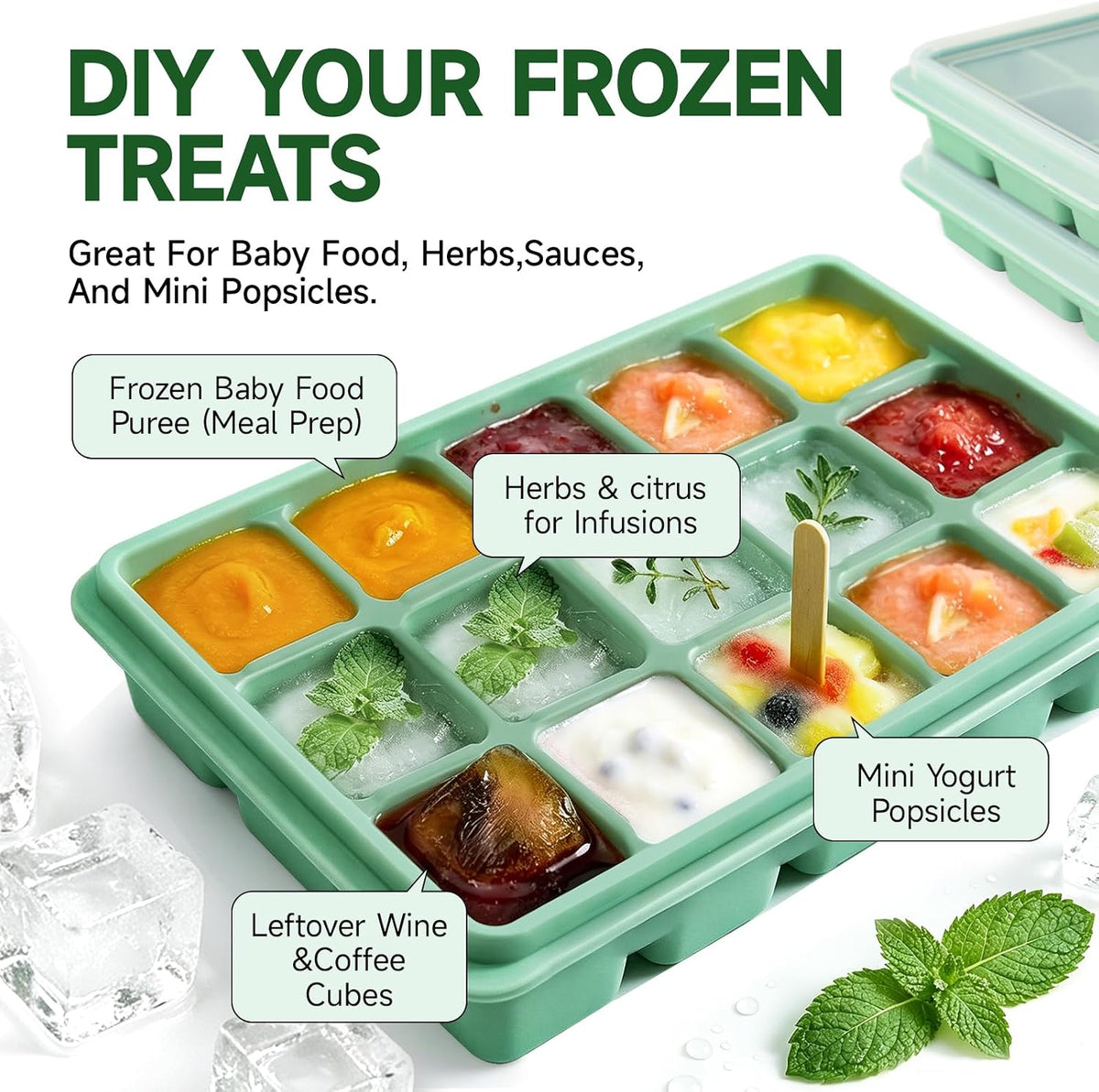 Ice Cube Trays Set of 2, 15-Cube Silicone Molds with Removable Lids