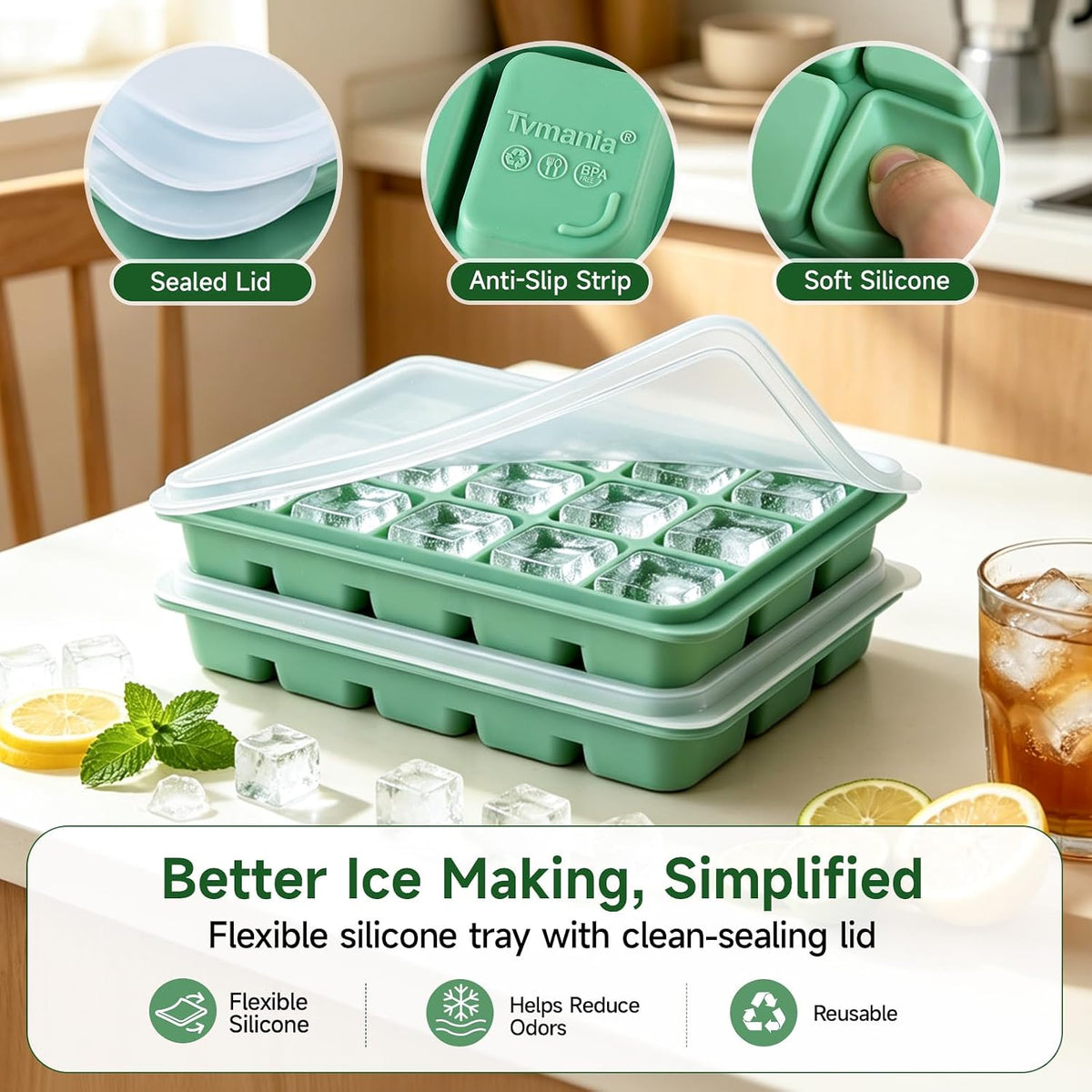 Ice Cube Trays Set of 2, 15-Cube Silicone Molds with Removable Lids