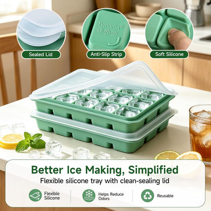 Ice Cube Trays Set of 2, 15-Cube Silicone Molds with Removable Lids