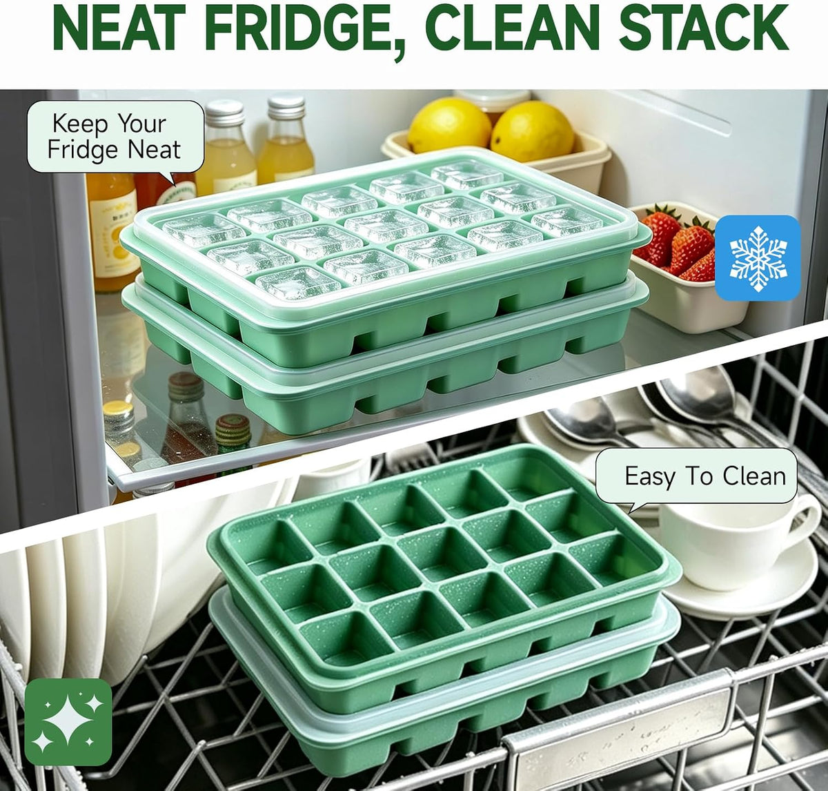 Ice Cube Trays Set of 2, 15-Cube Silicone Molds with Removable Lids