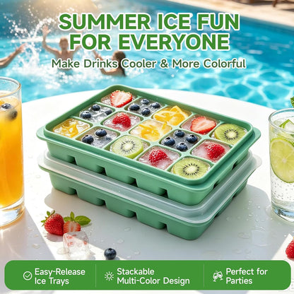 Ice Cube Trays Set of 2, 15-Cube Silicone Molds with Removable Lids