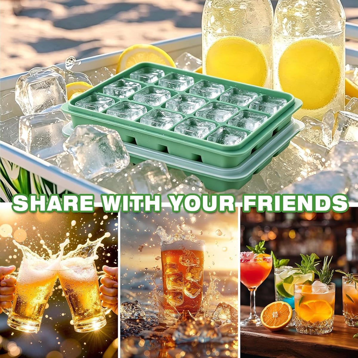 Ice Cube Trays Set of 2, 15-Cube Silicone Molds with Removable Lids