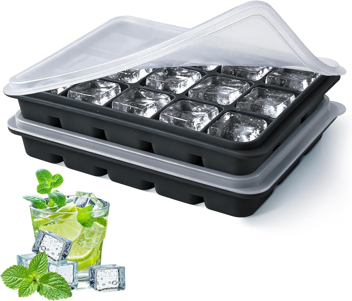 Ice Cube Trays Set of 2, 15-Cube Silicone Molds with Removable Lids