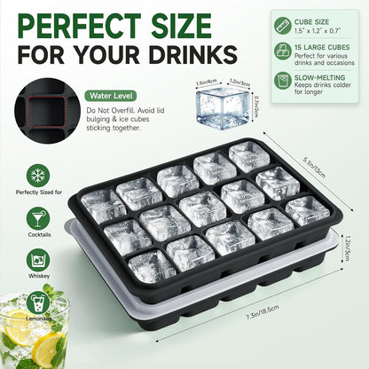 Ice Cube Trays Set of 2, 15-Cube Silicone Molds with Removable Lids