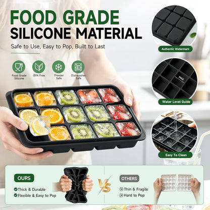 Ice Cube Trays Set of 2, 15-Cube Silicone Molds with Removable Lids