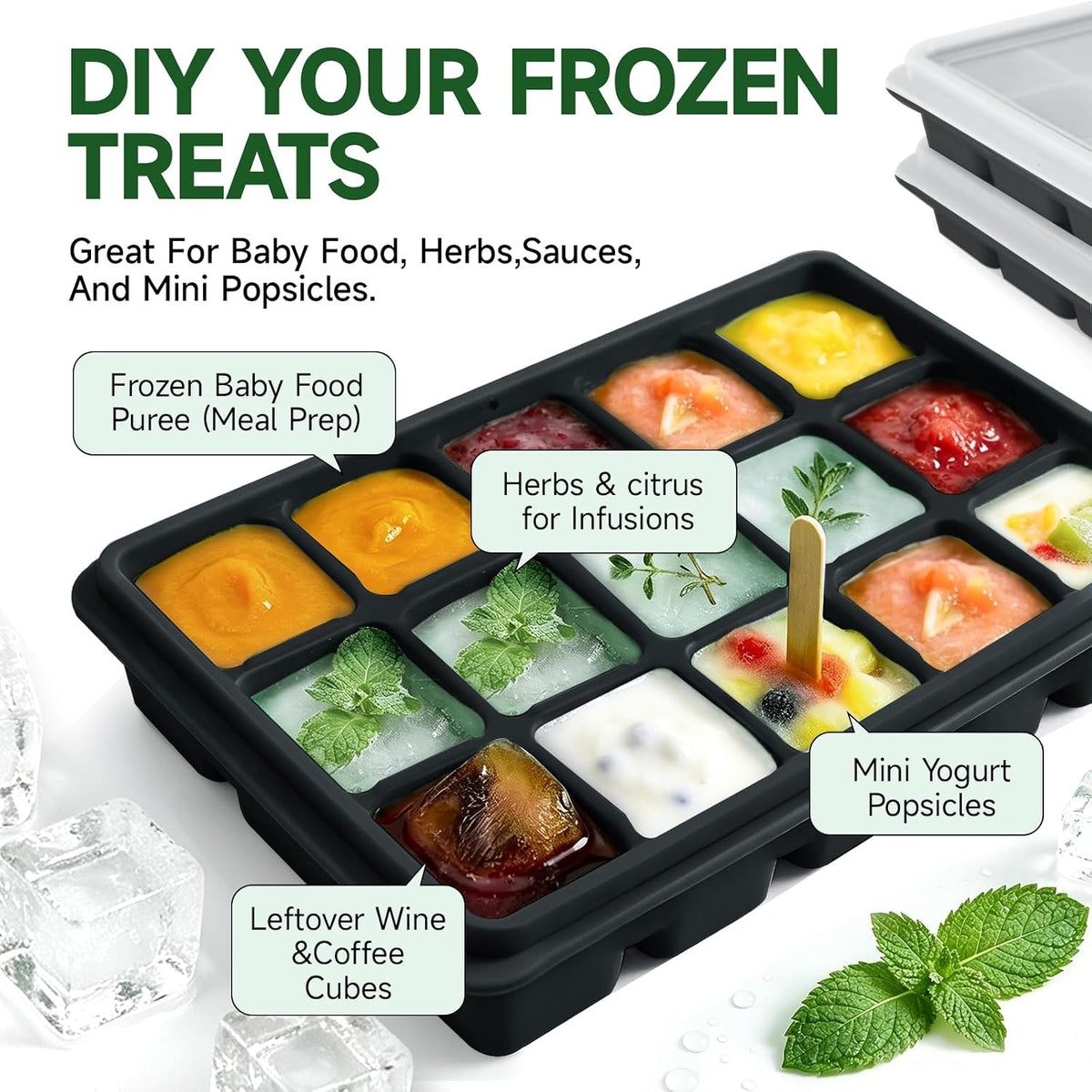 Ice Cube Trays Set of 2, 15-Cube Silicone Molds with Removable Lids