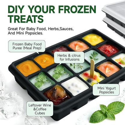 Ice Cube Trays Set of 2, 15-Cube Silicone Molds with Removable Lids