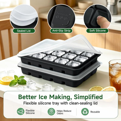 Ice Cube Trays Set of 2, 15-Cube Silicone Molds with Removable Lids