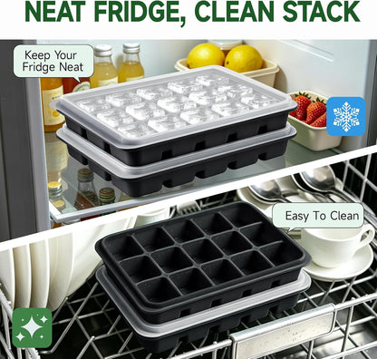 Ice Cube Trays Set of 2, 15-Cube Silicone Molds with Removable Lids