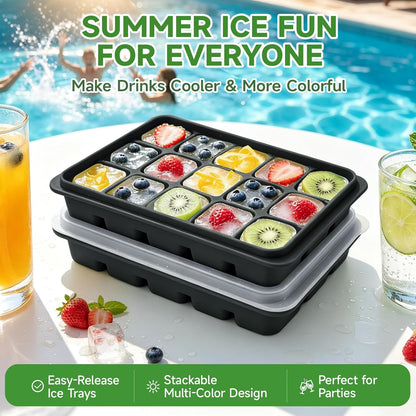 Ice Cube Trays Set of 2, 15-Cube Silicone Molds with Removable Lids