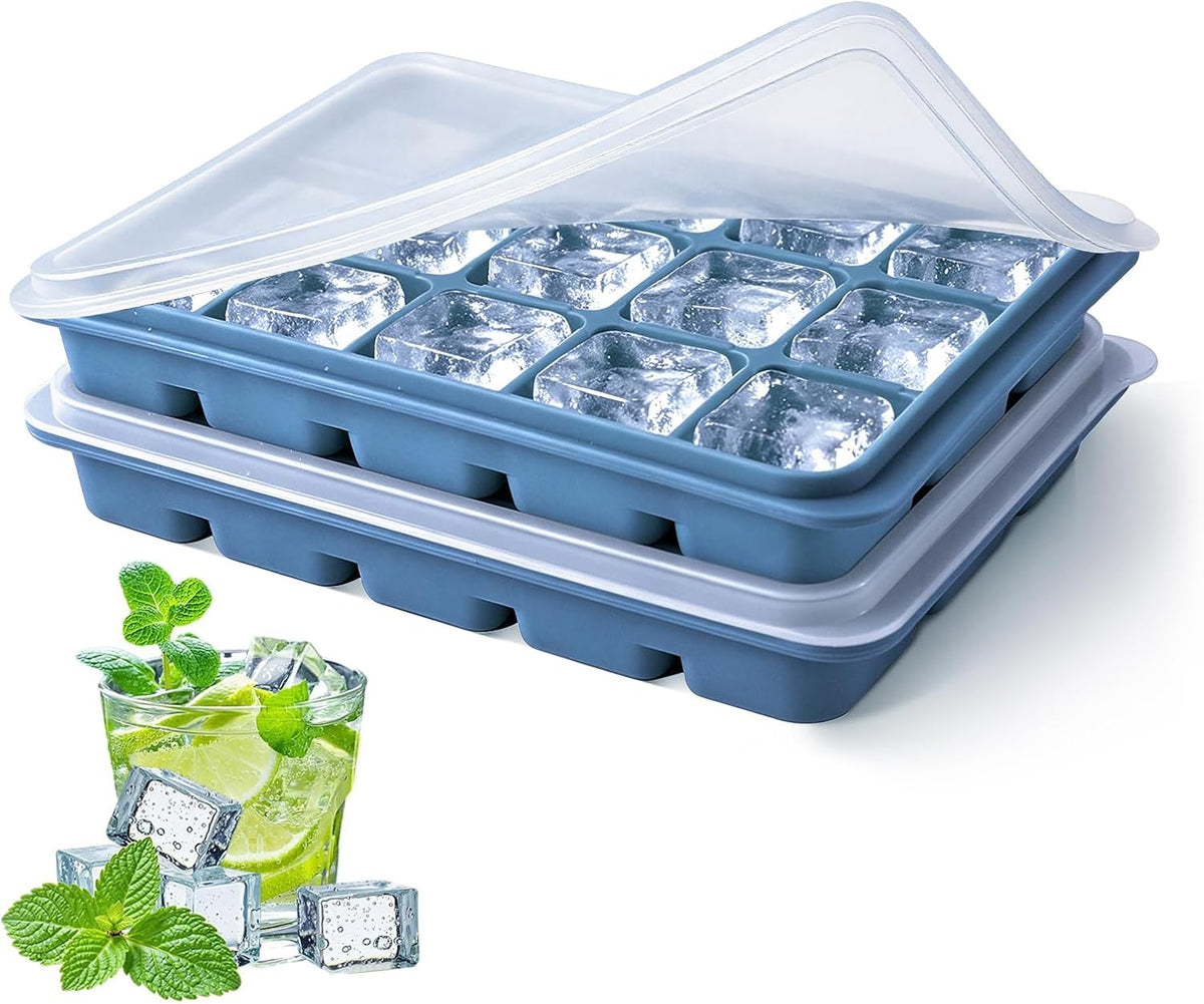 Ice Cube Trays Set of 2, 15-Cube Silicone Molds with Removable Lids