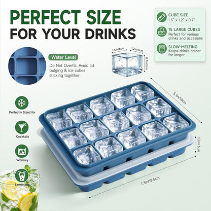 Ice Cube Trays Set of 2, 15-Cube Silicone Molds with Removable Lids