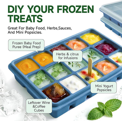 Ice Cube Trays Set of 2, 15-Cube Silicone Molds with Removable Lids