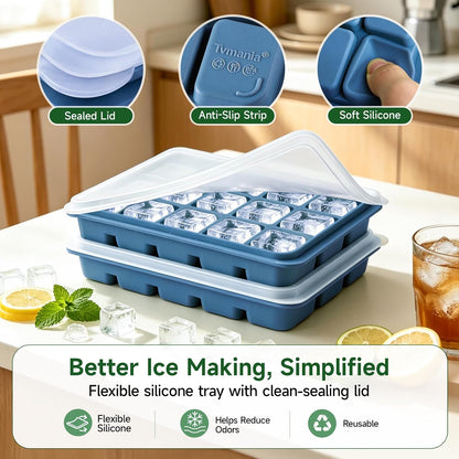 Ice Cube Trays Set of 2, 15-Cube Silicone Molds with Removable Lids